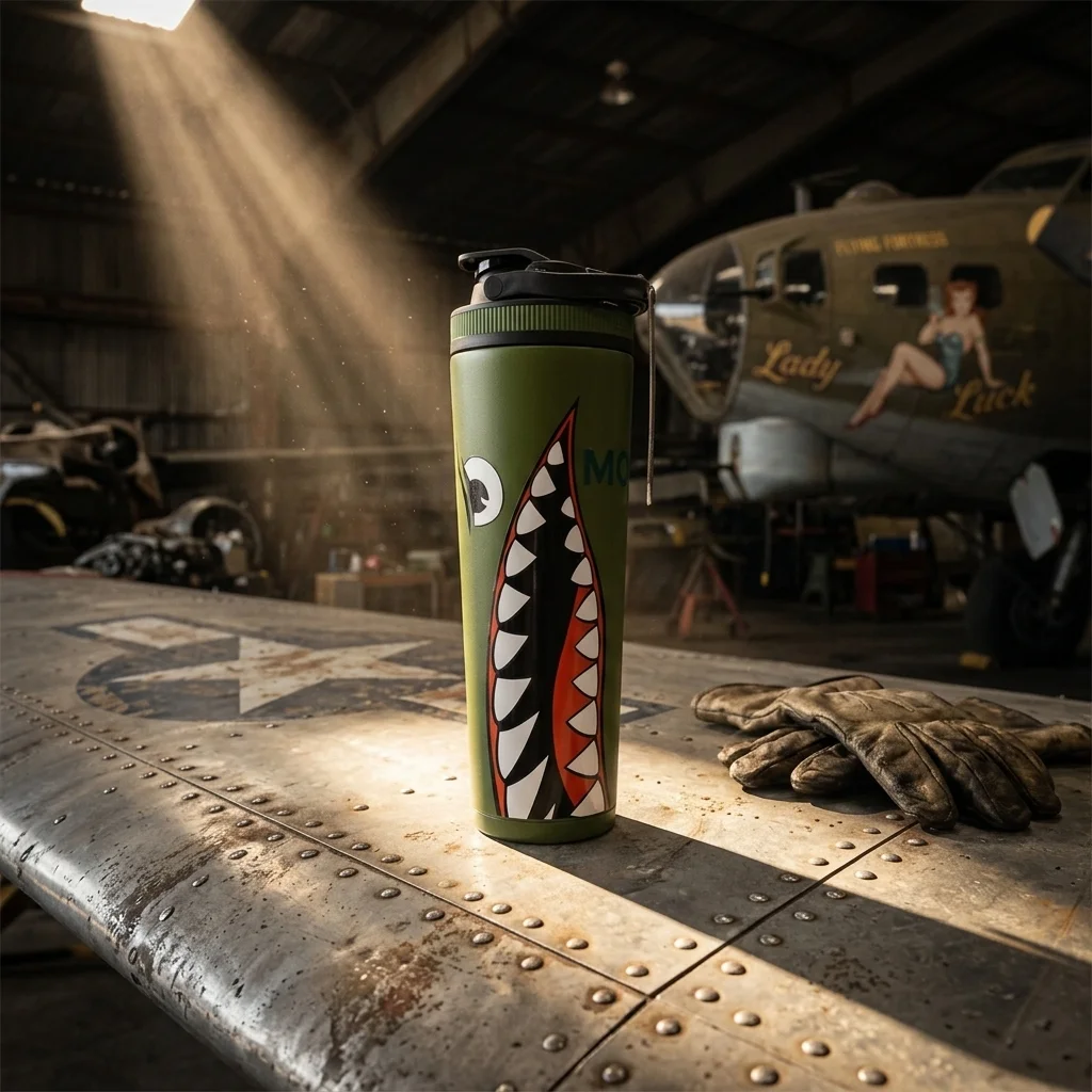 Bomber themed tumbler with WWII aviation setting