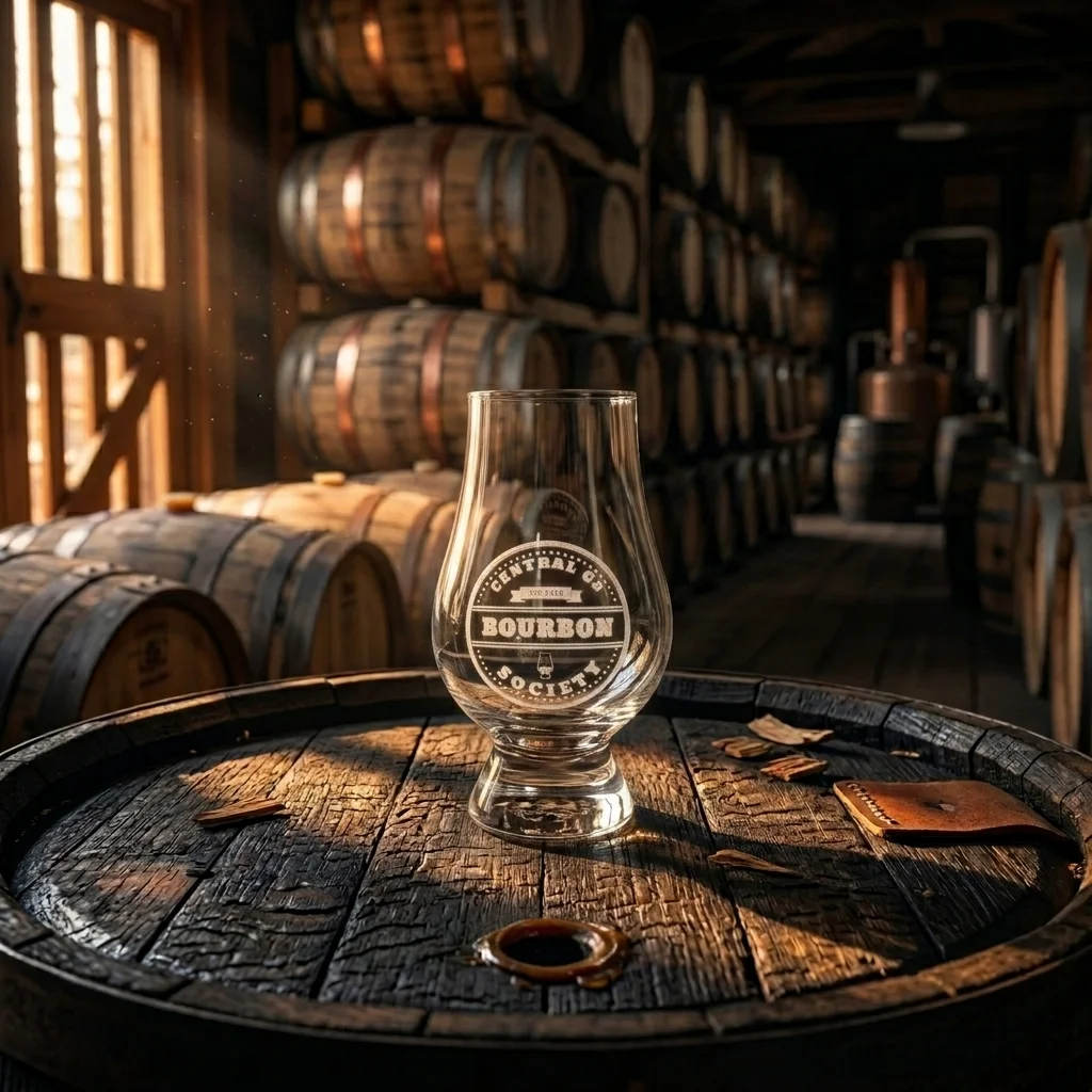 Custom bourbon glass on oak barrel in distillery