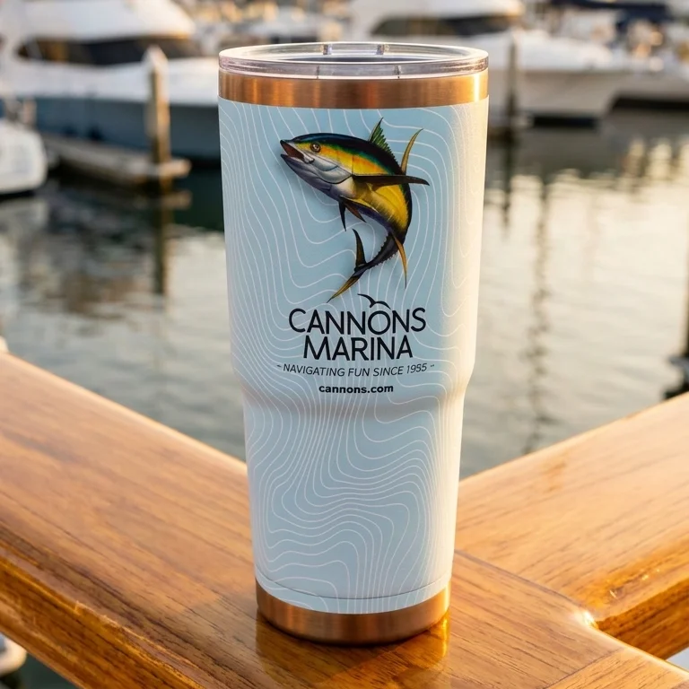Cannons Marina branded tumbler at luxury dock