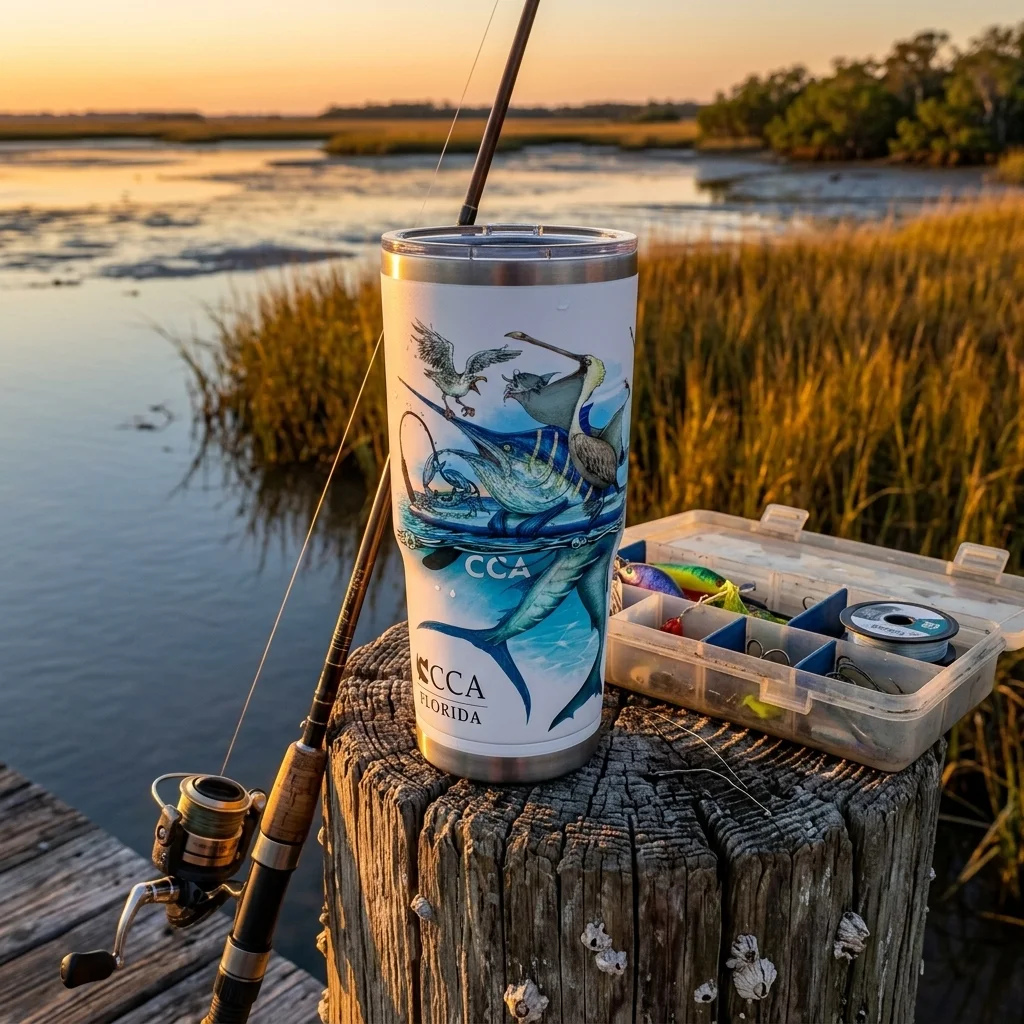 CCA Coastal Conservation Association tumbler at saltwater marsh