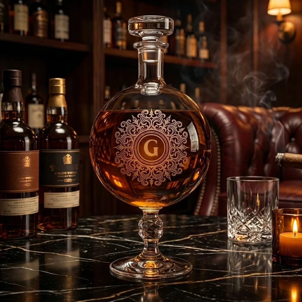 Custom engraved Baccarat crystal decanter in luxury lounge setting