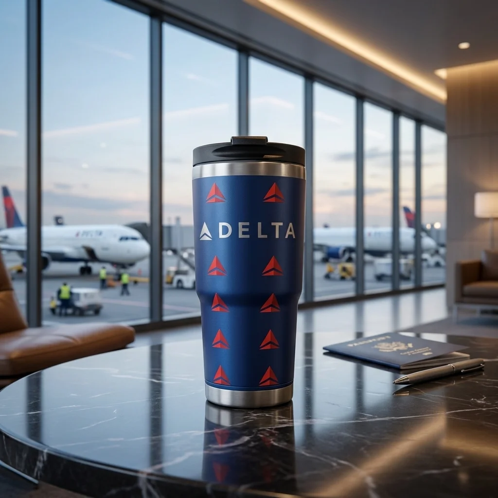 Delta branded corporate tumbler in airport lounge