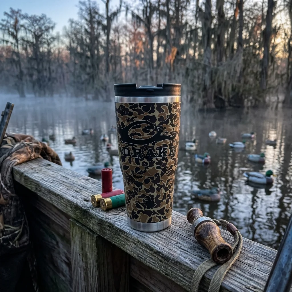 Drake Waterfowl branded tumbler at duck blind