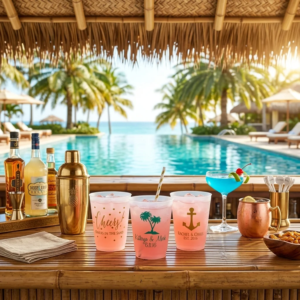 Custom frost flex cups at tropical resort tiki bar poolside