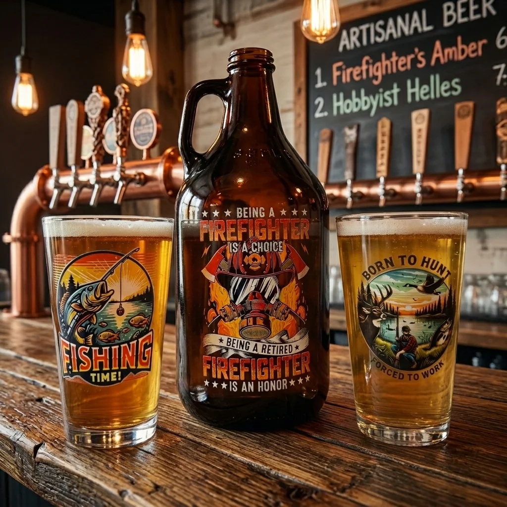 Custom branded glass growler in craft brewery taproom