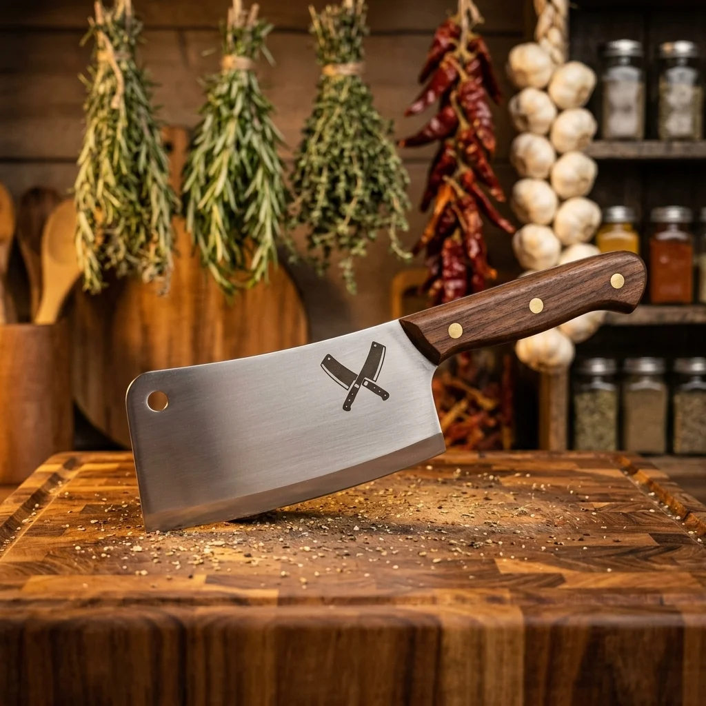 Custom branded meat cleaver on butcher block