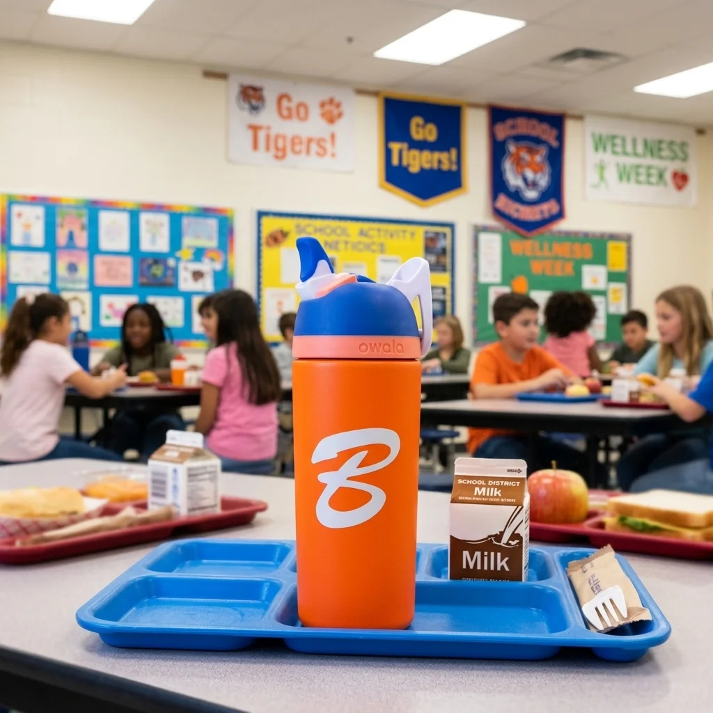 Custom branded water bottle in school cafeteria setting