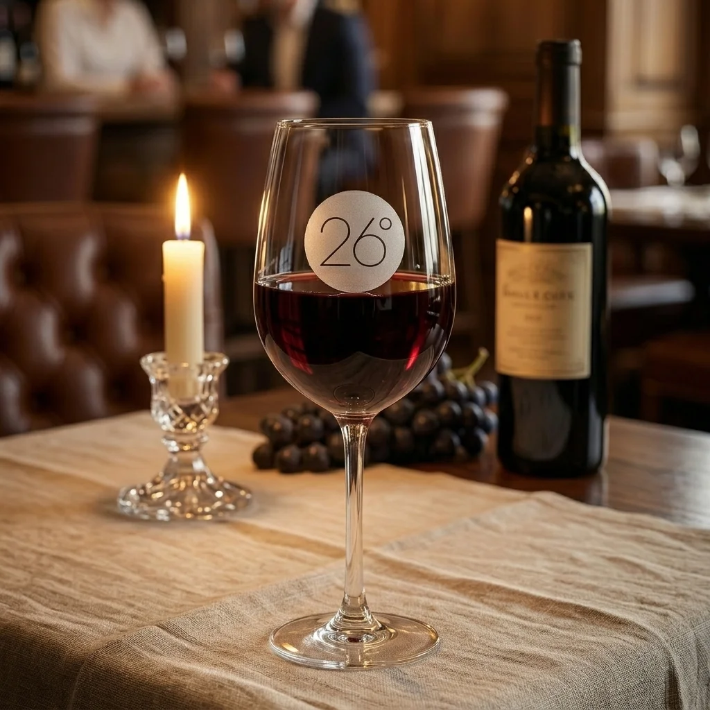 Custom etched wine glass in upscale dining setting with candlelight