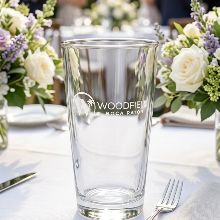 Woodfield branded pint glass at garden event